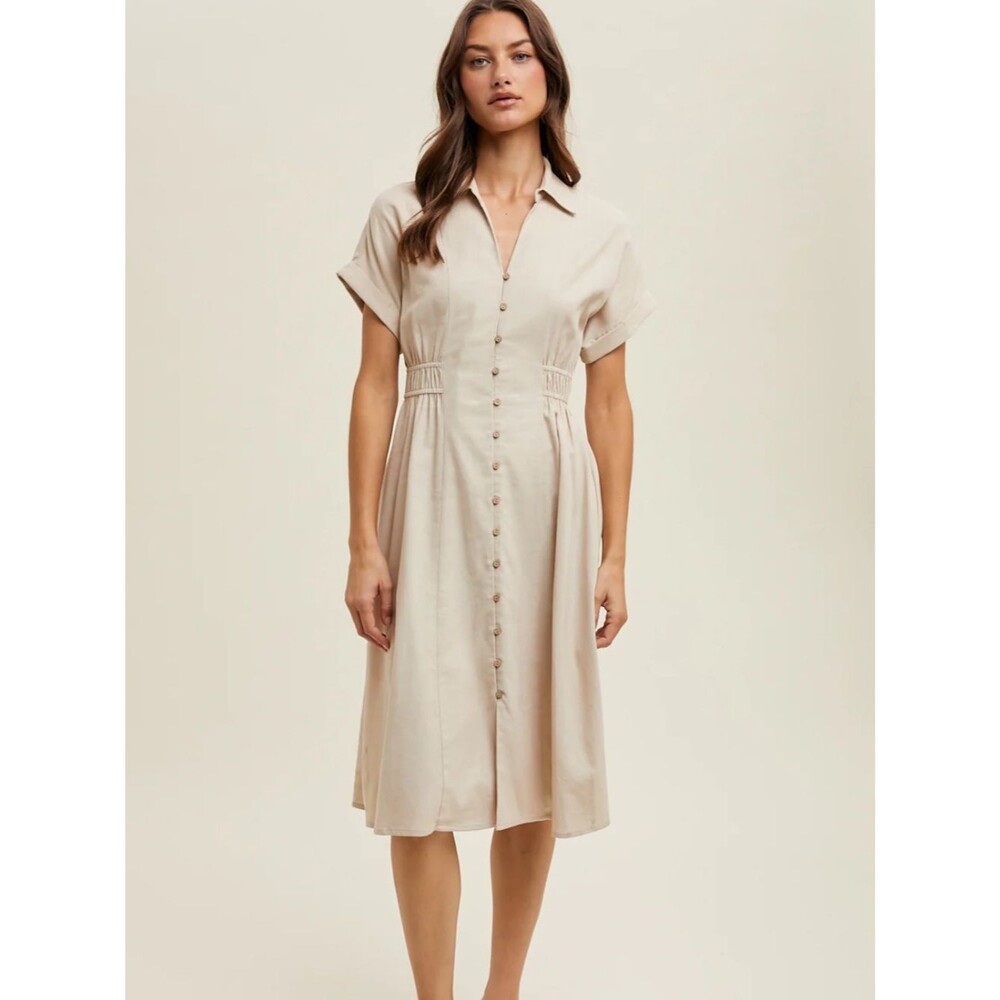 Cider neutral minimalist Beige linen Button-Front Midi Shirt Dress size 1xl